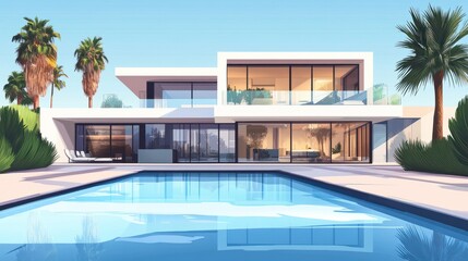 Fototapeta premium Illustration of a luxury villa with a large swimming pool. Unusual background around the villa. Luxury villa.