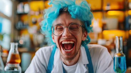 Young scientist with bright blue hair laughs joyfully in a lively lab setting, surrounded by colorful beakers, embodying the excitement of scientific discovery.