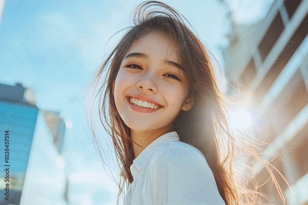 Wall mural photo low angle of cheerful cute adorable asian american girl cheerful smile wear white shirt enjoyi