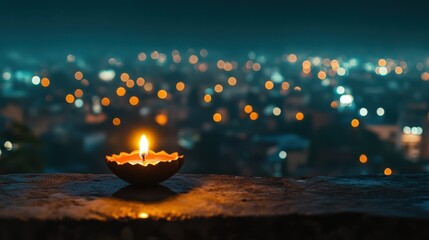 a single diya of diwali close up shot, with cityscape with glowing diyas at distance in background, flowers, night, bokeh, cinematic, bright lighting, diwali background, copy space