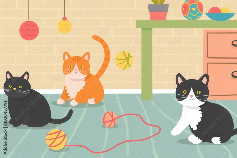 Poster Three cats are joyfully interacting with colorful yarn and balls, creating a lively atmosphere in the warm room. Generative AI