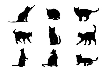 Cat icons set in fill style. Black cats sticker pack for design websites, applications or infographics.