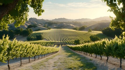Fototapeta premium A serene vineyard landscape at sunset, with rows of lush grapevines and rolling hills bathed in warm golden light.