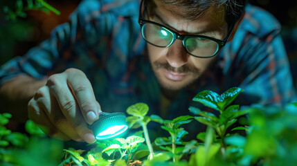 Focused botanist examines plants closely with a magnifying glass, surrounded by lush greenery, embodying curiosity and dedication to nature and science.