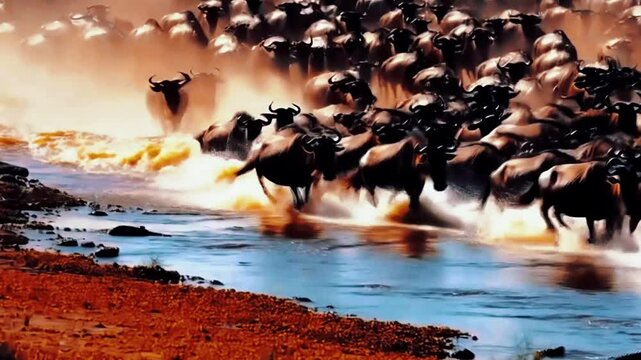 massive wildebeest migration as the herd surges across a rushing river. Dust rises from the banks as hundreds of wildebeest plunge into the water