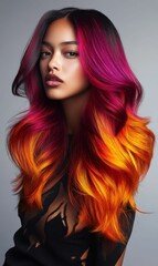 Fototapeta premium Woman with long, flowing pink and orange hair.