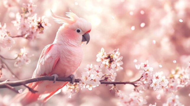 Serene Cockatoo Among Blossoming Cherry Blossoms in Soft Pastel Hues