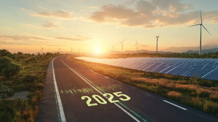 A wide road winding through a landscape filled with solar panels and wind turbines. "2025" is written on road with paint clean paint, illuminated by the warm glow of the rising sun. Concept