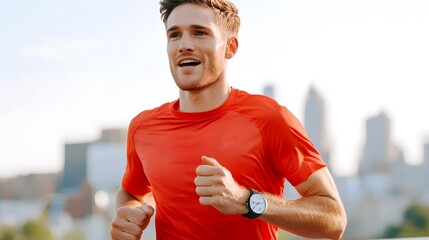 Fototapeta premium A smiling runner in a red shirt jogs against a city skyline, embodying fitness and vitality.