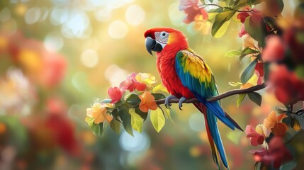Vibrant Parrot Perched Amidst Colorful Blossoms in Lush Nature Scene