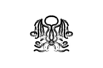 A detailed black and white illustration of an octopus with intricate tentacles and expressive features