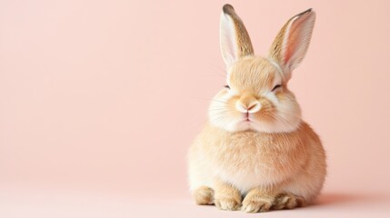 Stock minimalist photography of a bunny with closed eyes and a content expression, sitting on a light pink background under bright, soft lighting