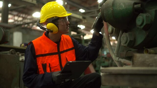 Professional technician man with safety helmet analyzing and maintenance with tablet in factory warehouse. Asian technician factory inspection and control machine in industry factory.