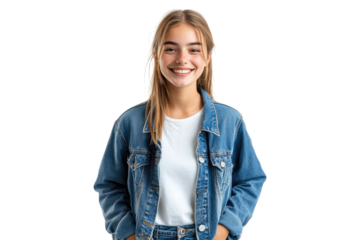 Portrait of a smiling young woman in a denim jacket with hands in pockets on a transparent background