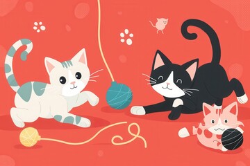 Three playful cats are having fun with bright yarn and balls, energetically chasing and batting at their toys. Generative AI