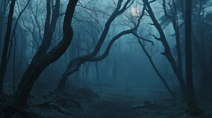 Full moon illuminating a foggy forest with bare trees