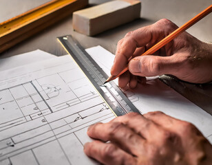 Close up de las manos de un dibujante arquitecto dibujando sobre un plano de arquitectura
