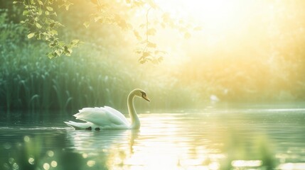 Swan on open water greenery in background bright sunlight