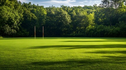 Obraz premium 58. An empty sports field with a lone goalpost and bright green grass
