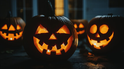 Fototapeta premium Glowing jack-o'-lanterns on porch during Halloween night