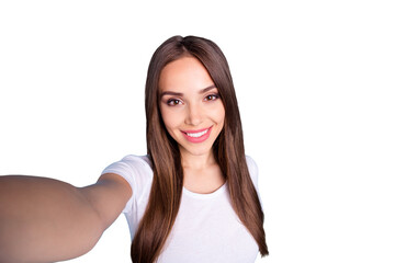 Close up photo of cheerful person making photos looking isolated over blue background