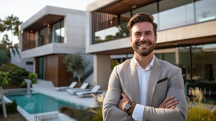 A businessman standing confidently by a luxury home with a pool, showcasing modern architecture and success. Ideal for real estate promotions, property purchases, and lifestyle ownership imagery