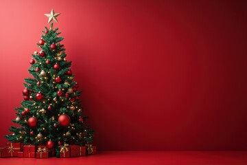 Christmas tree with decorations and sparkling fairy lights, with solid red background, copy space, Merry Christmas background, holiday decor ad, festive showcase