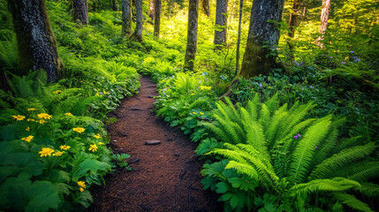 A beautiful trail in a forest, lined with vibrant green ferns and wildflowers.