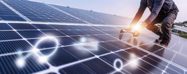 A technician installing solar panels, showcasing renewable energy technology for sustainable living and environmental conservation.