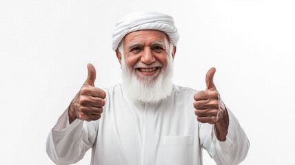 Cheerful Arabian Senior Man Giving a Double Thumbs-Up with Joyful Expression.