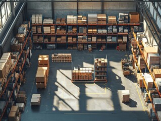 A minimalist flat design of a warehouse floor plan, featuring modular shelves and open aisles that maximize space utilization and workflow efficiency.