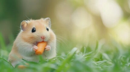 hungry hamster eating carrot on green grass with bright lighting,