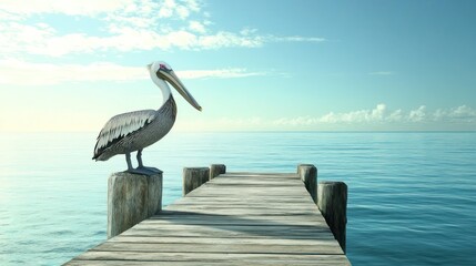 Pelican Standing on Wooden Pier Over Calm Ocean Water