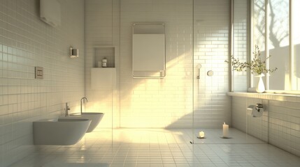 Minimalist bathroom with white tiles glass shower sleek fixtures soft lighting modern design digital render