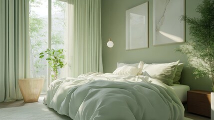 Minimalist bedroom in soft pastel green and neutral colours, modern style bedroom interior design.