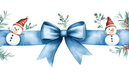 a playful Christmas bow clipart, snowman pattern, watercolor illustration, white and blue, isolated on white background