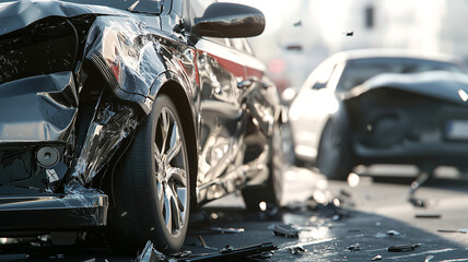 Close-Up View of a T-Bone Car Accident Highlighting Bent Frames and Shattered Glass.