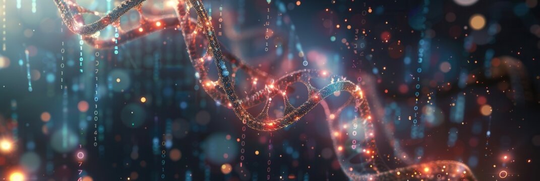 A detailed 3D DNA strand displays overlaying digital data including binary code and data streams, highlighting genetic advancements. Generative AI - Powered by Adobe
