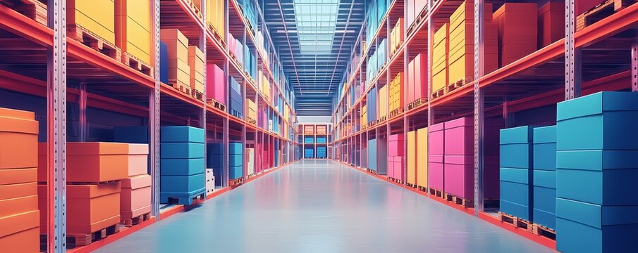A colorful flat design of a warehouse space utilization strategy, featuring scalable storage solutions, strategic shelving, and infrastructure layouts.