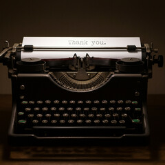A vintage "Thank you." typed on paper with an old-fashioned typewriter, evoking nostalgia and a classic touch of gratitude
