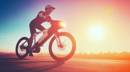 Fototapeta premium A cyclist rides an electric bike during sunset, showcasing speed and adventure in a vibrant outdoor setting.