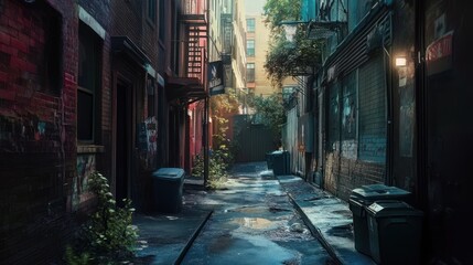 Fototapeta premium A Dark and Narrow City Alleyway with Trash Cans and a Puddle