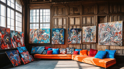 Sunlit Vibrant Living Room with Orange Sofa and Abstract Artistic Flair