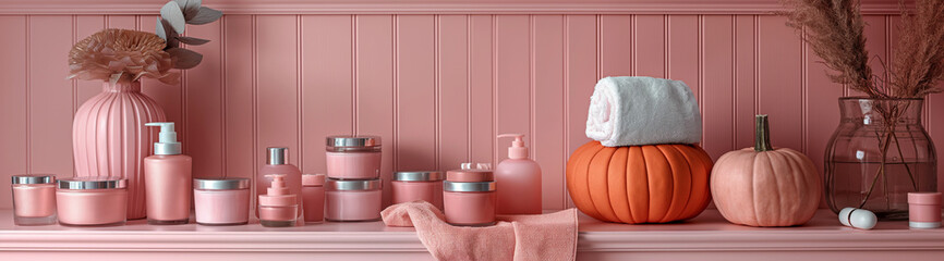 Pumpkin on the table with a towel and cosmetics, created with the help of generative AI technology.