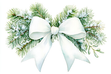 a snowy Christmas bow clipart, pine branch and snow accents, watercolor illustration, frosted white, isolated on white background