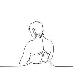 back of muscular man standing in water up to shoulders, rear view - one line art vector. concept male swimmer, half-naked athletic handsome man