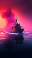 Obraz premium Shipping vessel navigating calm ocean waves at sunset, with smoke rising into the colorful skyline, blending industrial elements with serene seascape with copy space