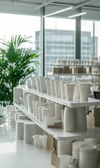 White plates and cups on shelves in a modern office.