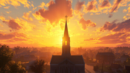Obraz premium A beautiful sunset behind a church steeple