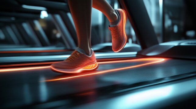 Close up of a woman's feet running on a treadmill with neon lights. - Powered by Adobe